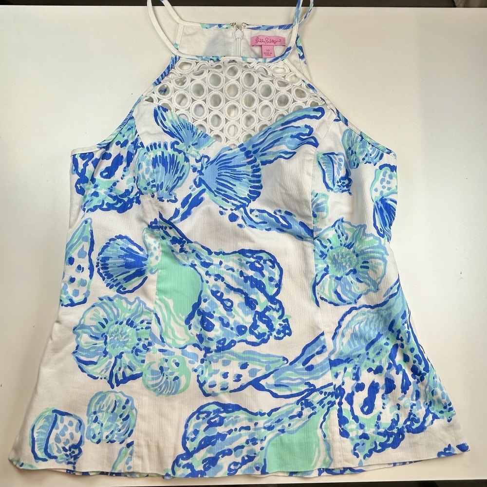 Lilly Pulitzer Womens White Blue Larina Barefoot Princess Crochet Halter Tank 10